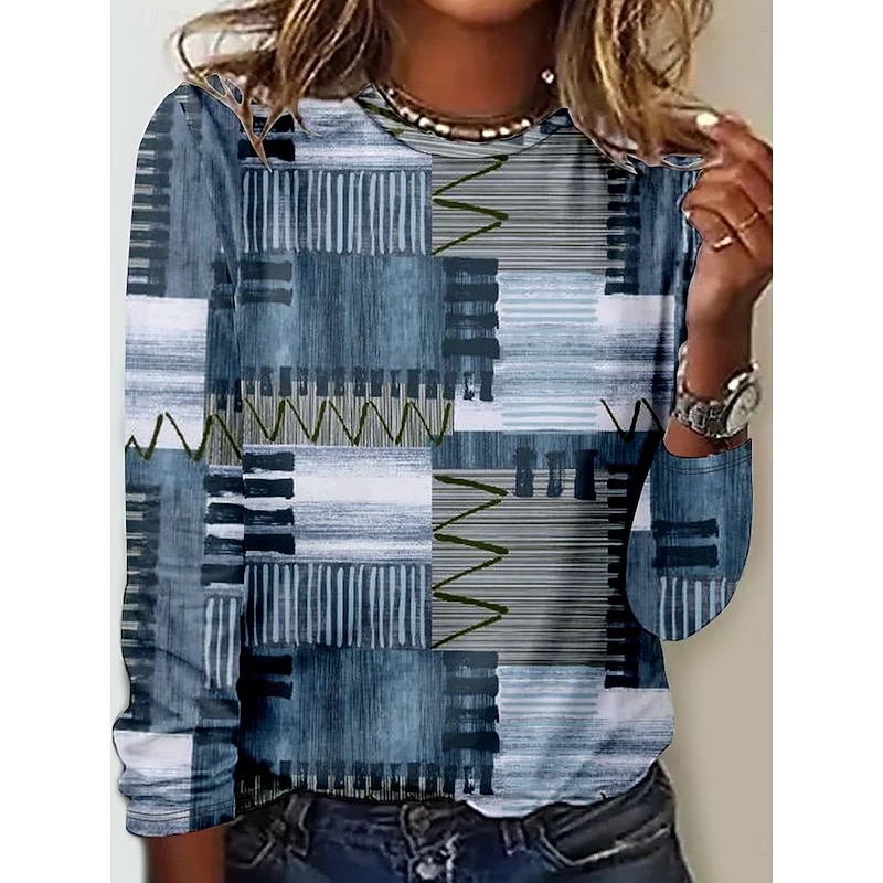 Women's T shirt Crew Neck Long Sleeve Tunic Graphic Modern Casual  Regular Tops Daily Weekend Print Blue Fall Winter