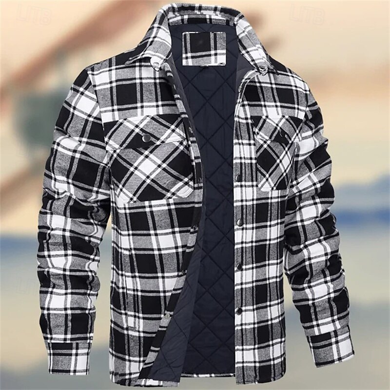 Men's Winter Jacket Padded Shacket Daily Vacation Thermal Warm Wearproof Pocket Fall & Winter Plaid Fashion Classic Lapel Regular Black Wine Navy Blue Sky Blue Orange Jacket