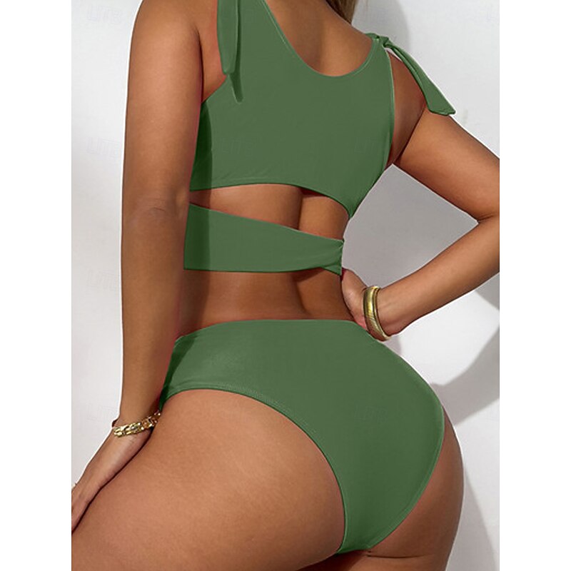 Women's Swimwear Bikini 2 Piece Cheeky Swimsuit Backless Slim Vacation Beach Wear Solid Color U Neck Sleeveless Bathing Suits2