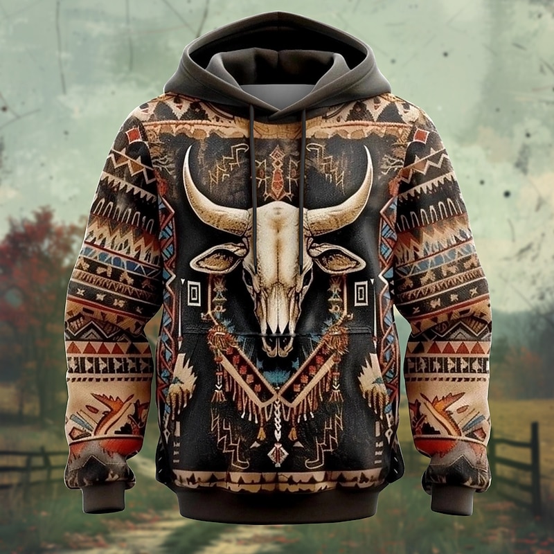 Men's Tribal Hoodies Sweatshirt Fashion Daily Long Sleeve Crew Neck Party Holiday Streetwear Brown Drawstring Fall Winter Designer
