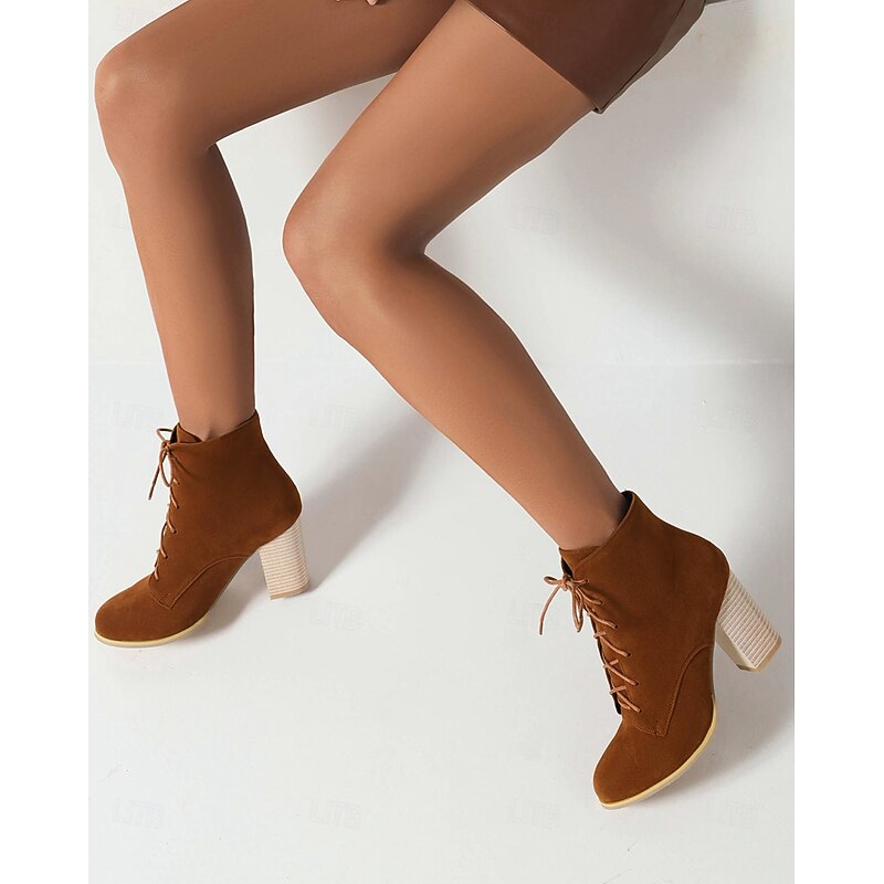 Women's Tan Lace-Up High Heel Ankle Boots with Block Heels – Stylish Vintage-Inspired Footwear for Fall and Casual Outfits4