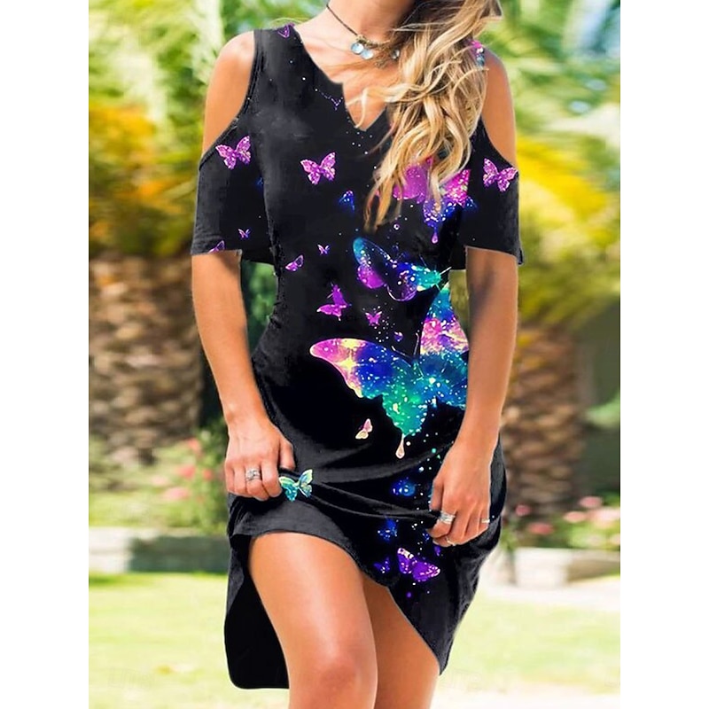 Women's T Shirt Dress Print Dress Butterfly Patchwork V Neck Cold Shoulder Midi Dress Vintage Streetwear Daily Going out Short Sleeve Regular Fit Black White Purple Summer S M L XL XXL2