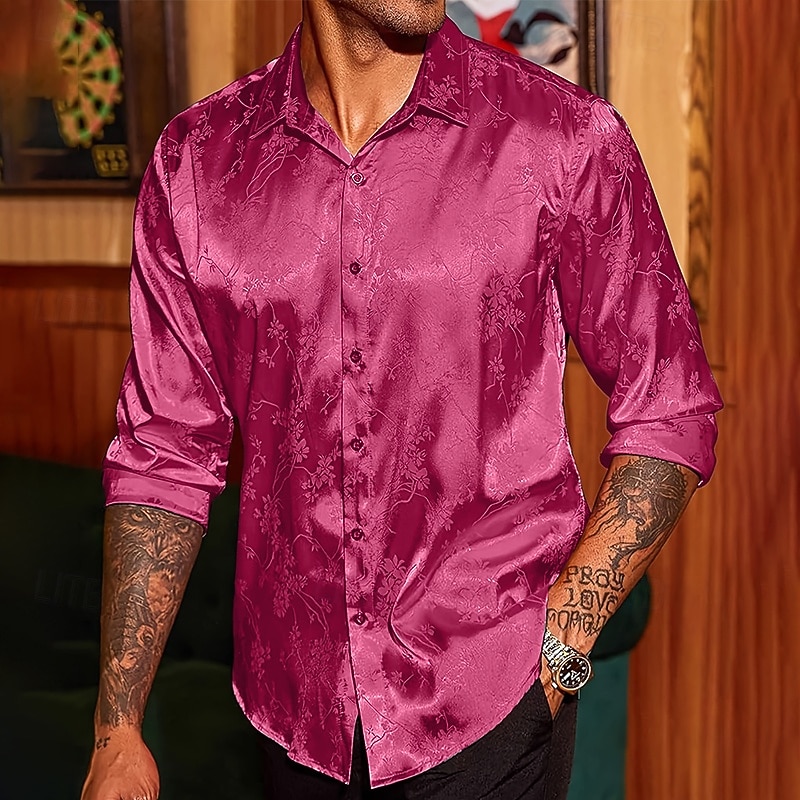 Men's Shirt Satin Shirt Casual Shirt Button Up Shirt Floral Wedding Vacation Red Green Beige Long Sleeve Collar Winter Spring & Summer Clothing Apparel2