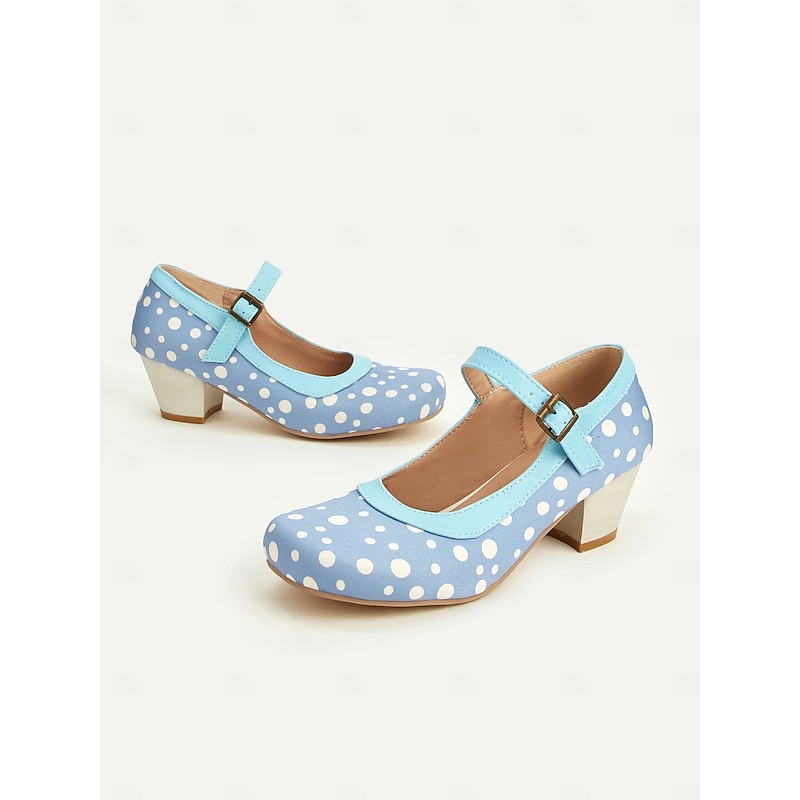 Women's Blue Polka Dot Mary Jane Heels – Retro Mid Heel Shoes with Buckle Strap for Vintage-Inspired Outfits and Dance Parties3