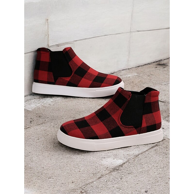 Women's Red Plaid Ankle Boots with Elastic Sides – Stylish Winter Slip-On Sneakers for Casual Holiday Wear3