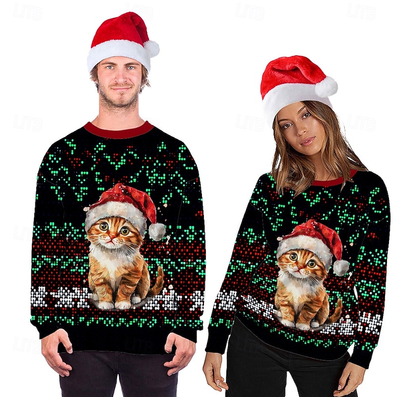 Snowman Santa Claus Cat Pullover Funny Christmas Sweatshirt 3D Christmas Funny For Couple's Men's Women's Adults' Christmas Carnival 3D Print Party Festival
