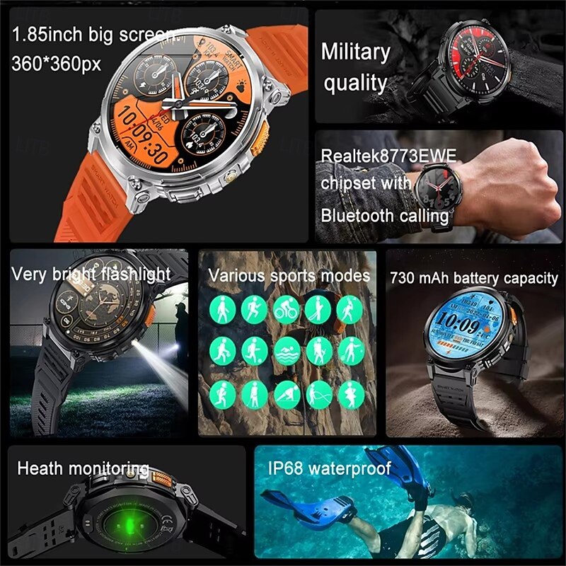 K66 Smart Watch Men Flashlight Bluetooth Call 1.85inch 128MB Memory 730mAh Large Battery LED Light Outdoor Sport Smartwatch2
