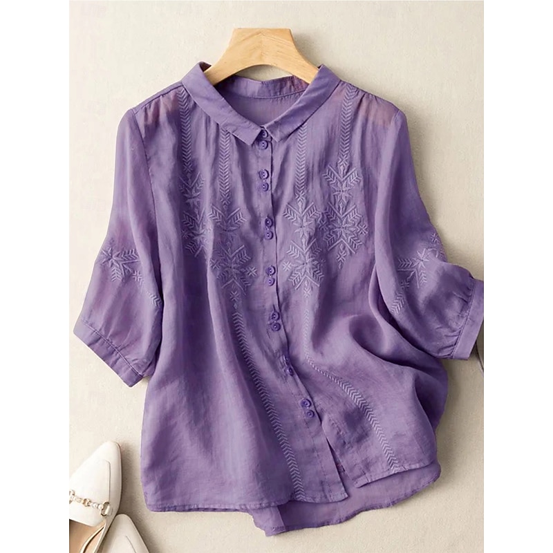 Women's Shirt Linen-Inspired Shirts Button Up Solid Color Floral Casual Boho 3/4 Length Sleeve Elbow Sleeve Shirt Collar Regular Tops Daily Going out Embroidered Yellow Blue Purple Khaki Summer