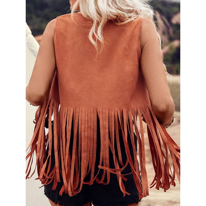 Women's Vest Outdoor Street Daily Wear Summer Regular Coat Regular Fit Thermal Warm Breathable Stylish Casual Jacket Sleeveless Plain Tassel Fringe Black Pink Brown2