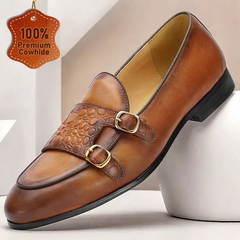Men's Brown Leather Loafers with Double Buckle and Crocodile Pattern – Premium Cowhide Dress Shoes for Formal & Casual Wear