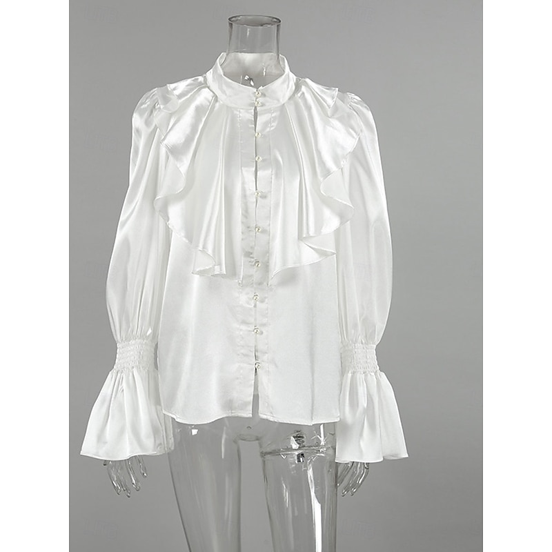 Women's Shirt Elegant Dressy Satin Solid Color Elegant Vintage Stylish Long Sleeve High Neck Vacation Party Work Ruffle Black White Spring Fall2