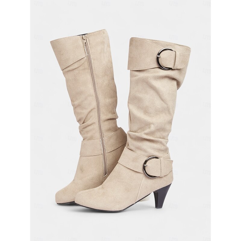 Women's Beige Suede Knee-High Boots with Buckle Detail – Stylish Mid-Heel Boots for Fall and Winter Outfits4