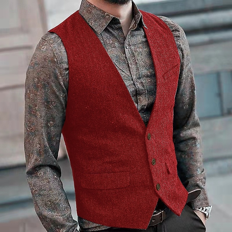Men's Vest Suit Vest Waistcoat Wedding Party Evening Wear Festival Vintage Casual Cotton Blend Solid Colored Single Breasted One-button V Neck Slim Black Wine Red Navy Blue Vest4