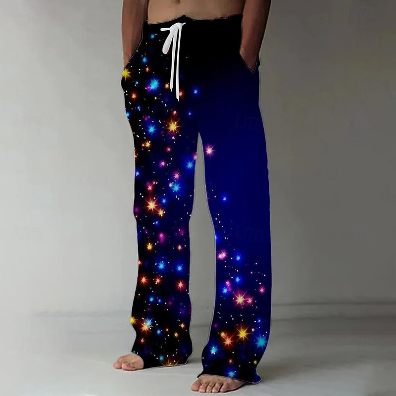 New Year Men's Sparkly Glittery Pants Trousers Mid Waist Drawstring Elastic Waist Hawaiian Casual Outdoor Party Evening Wear Holiday Straight Leg Trousers Summer Spring Fall 3D Print Blue