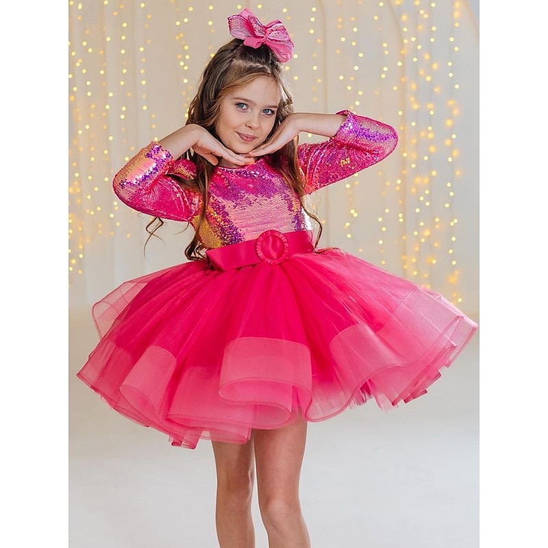 Kids Girls' Party Dress Solid Color Long Sleeve Performance Mesh Princess Sweet Mesh Mid-Calf Sheath Dress Tulle Dress Summer Spring Fall kids Rose Red3