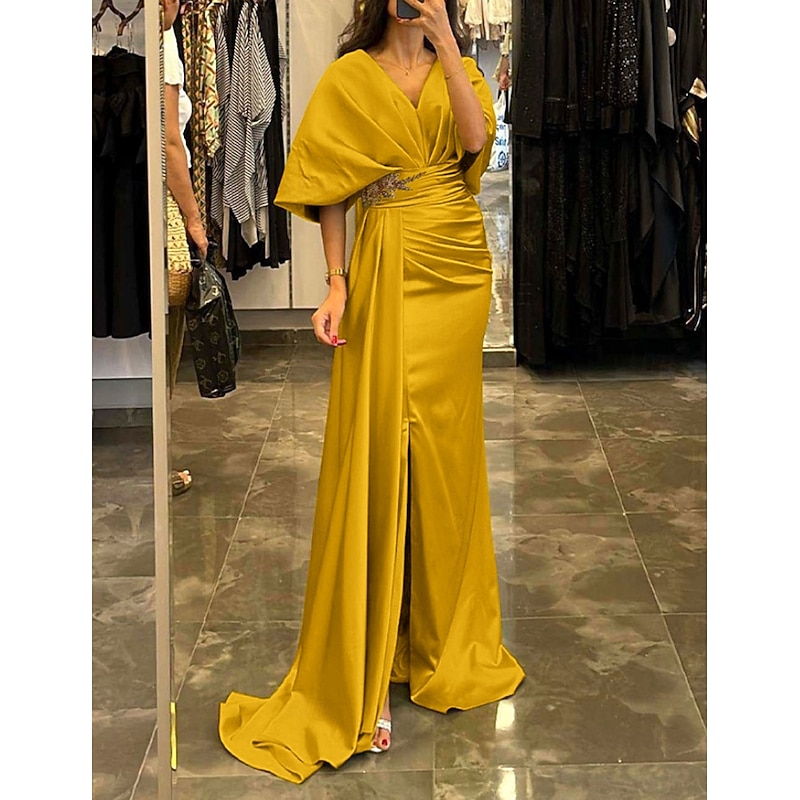 Sheath Evening Gown Elegant Dress Formal Sweep / Brush Train Half Sleeve V Neck Satin with Pleats Ruched Crystals2
