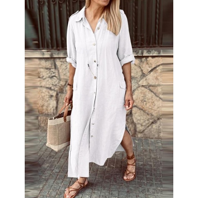 Women's ArmyGreen White khaki Spring Fall Maxi Dress Linen-Inspired Dresses Elegant Fashion Outdoor Party Loose Fit Shirt Collar4