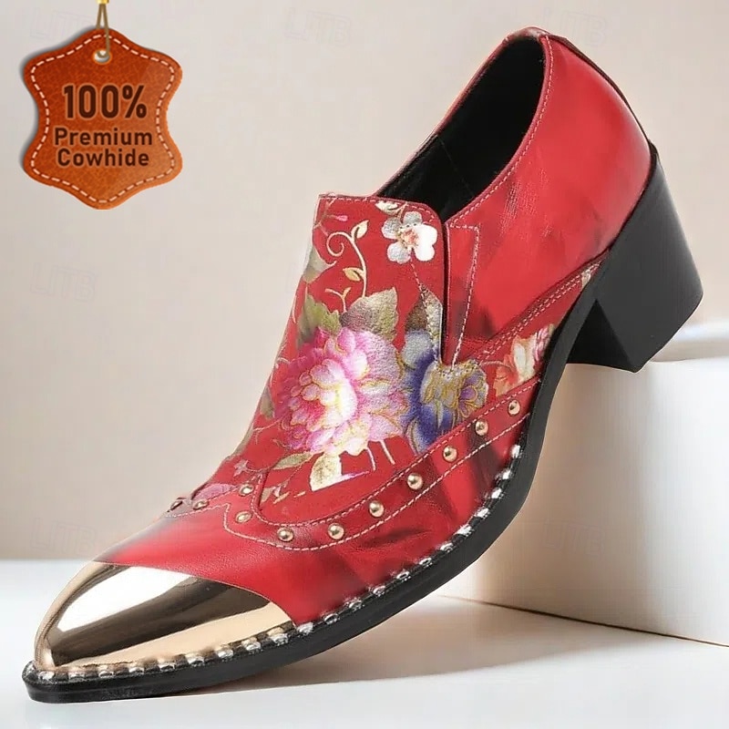 Men's Bold and Stylish Red Leather Loafers with Floral Embroidery and Gold Toe Cap - Unique and Stylish for Weddings or Parties