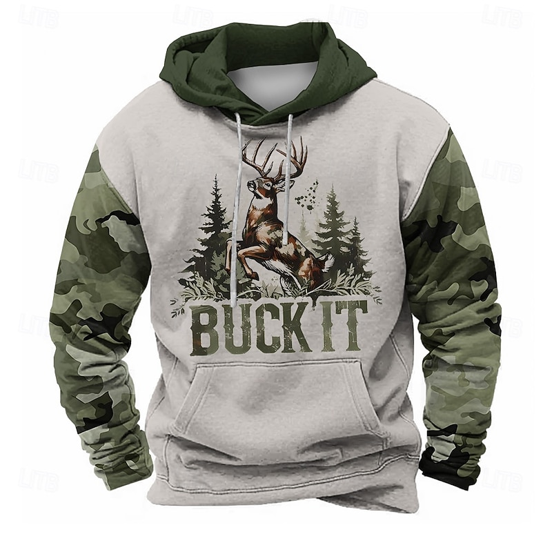 Men's Camo / Camouflage Deer Hoodies Sweatshirt Fashion Cool Long Sleeve Crew Neck Party Hunting Brown Green Drawstring Fall Winter Designer