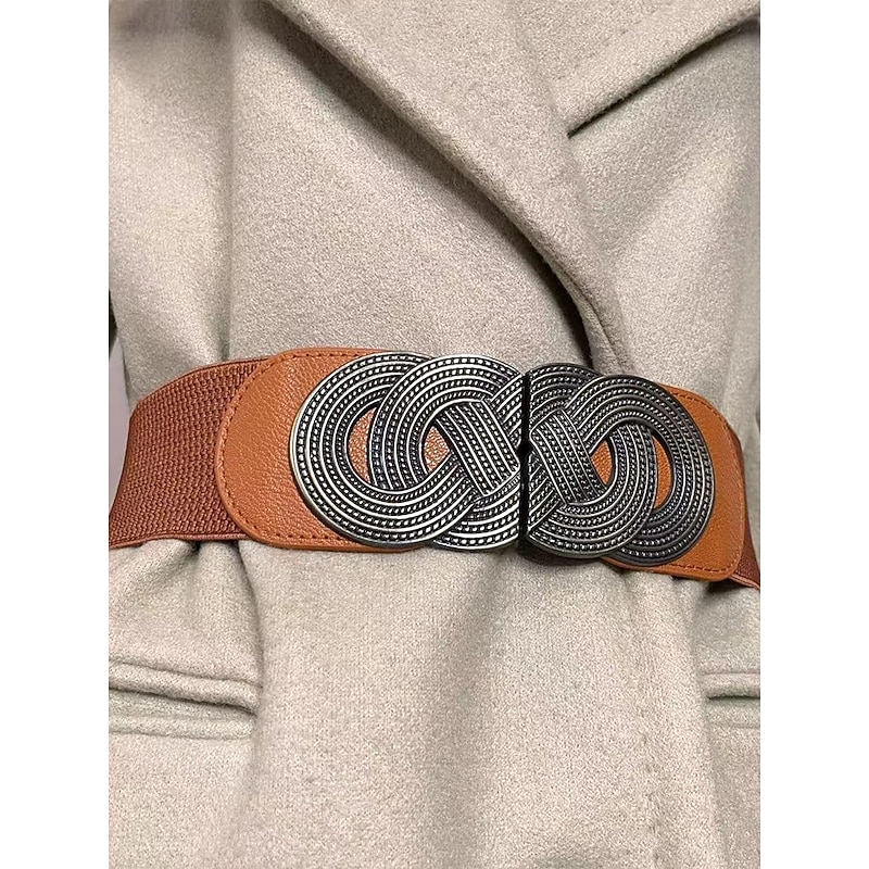 Women's Wide Elastic Waist Belt with Vintage Metal Buckle – Fashion Stretch Belt for Dresses, Tunics, and Blouses – Available in Black, Red, and Brown4