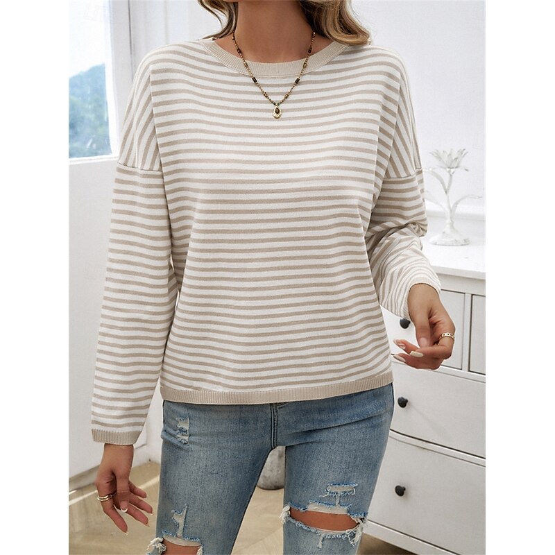 Women's Sweater Casual Soft Striped Ribbed Crew Neck Knitted Long Sleeve Regular Tops Knit Outdoor Daily Weekend Apricot Fall Winter