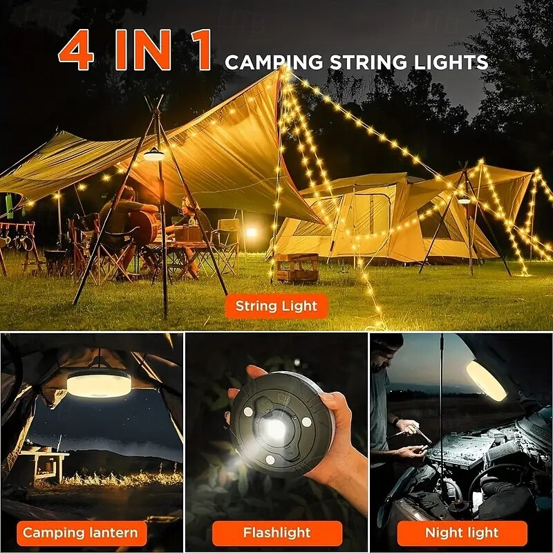 LED Outdoor String Lights 4 in 1 Outdoor Camping Lights with 8 Lighting Modes Warm White Portable Patio Lights Rechargeable Power Bank Yard Hiking Decoration Holiday Christmas 10 meters2