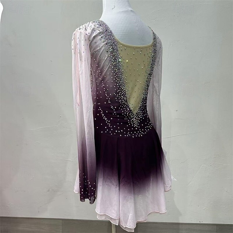 Figure Skating Dress Women's Girls' Ice Skating Dress Pruple Black Patchwork High Elasticity Training Competition Skating Wear Classic Crystal / Rhinestone Long Sleeve Ice Skating Figure Skating3