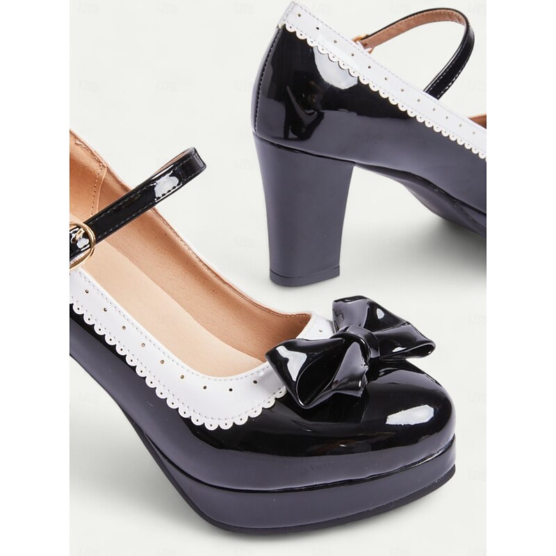 Women's Black and White Mary Jane Heels with Bow Detail - Vintage Platform Pumps with Ankle Strap for Cosplay and Retro Outfits4