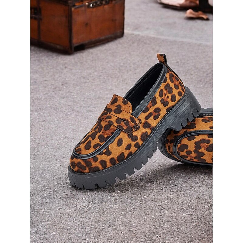 Women's Leopard Print Chunky Loafers - Suede Slip-On Shoes with Rugged Sole, Perfect for Casual and Streetwear Styles4
