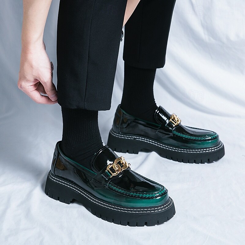 Men's Green Patent Faux Leather Loafers with Gold Chain Detail and Chunky Lug Sole – Modern Casual Footwear for Everyday Style4