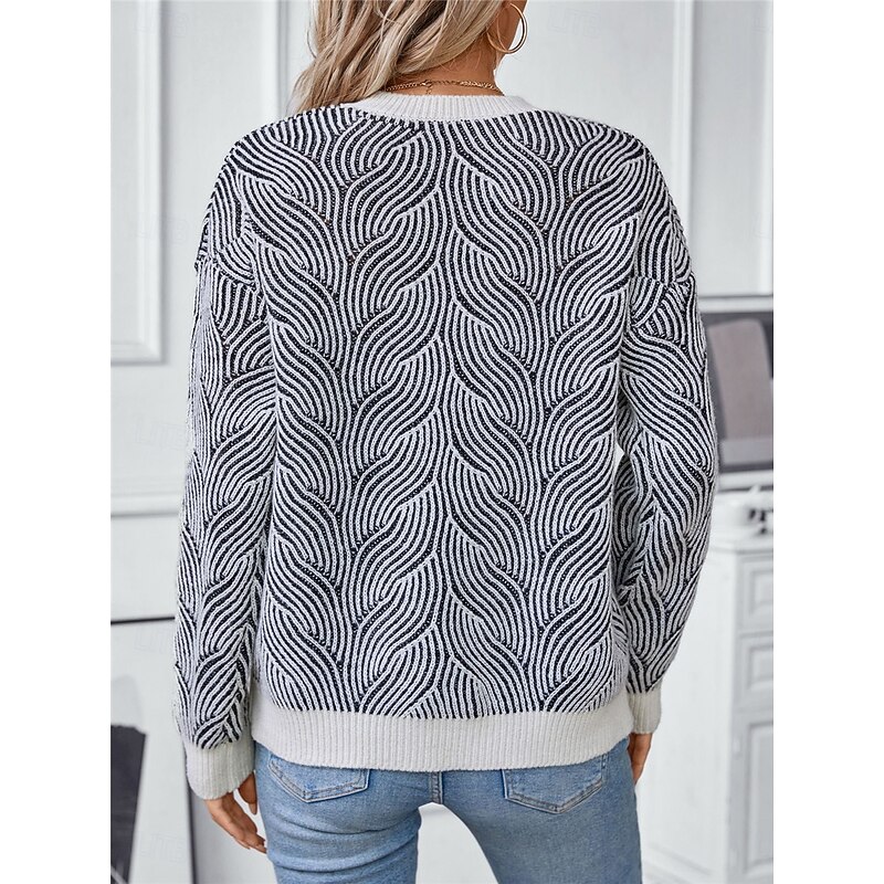 Women's Sweater Casual Soft Geometric Ribbed Crew Neck Knitted Long Sleeve Regular Tops Knit Outdoor Daily Weekend Black Fall Winter2