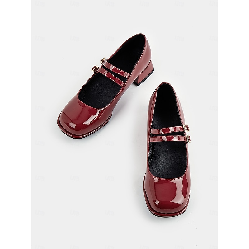 Women's Vintage Double Strap Mary Jane Shoes, Patent Leather Block Heels with Buckle Detail, Perfect for Retro Style and Casual Occasions 6