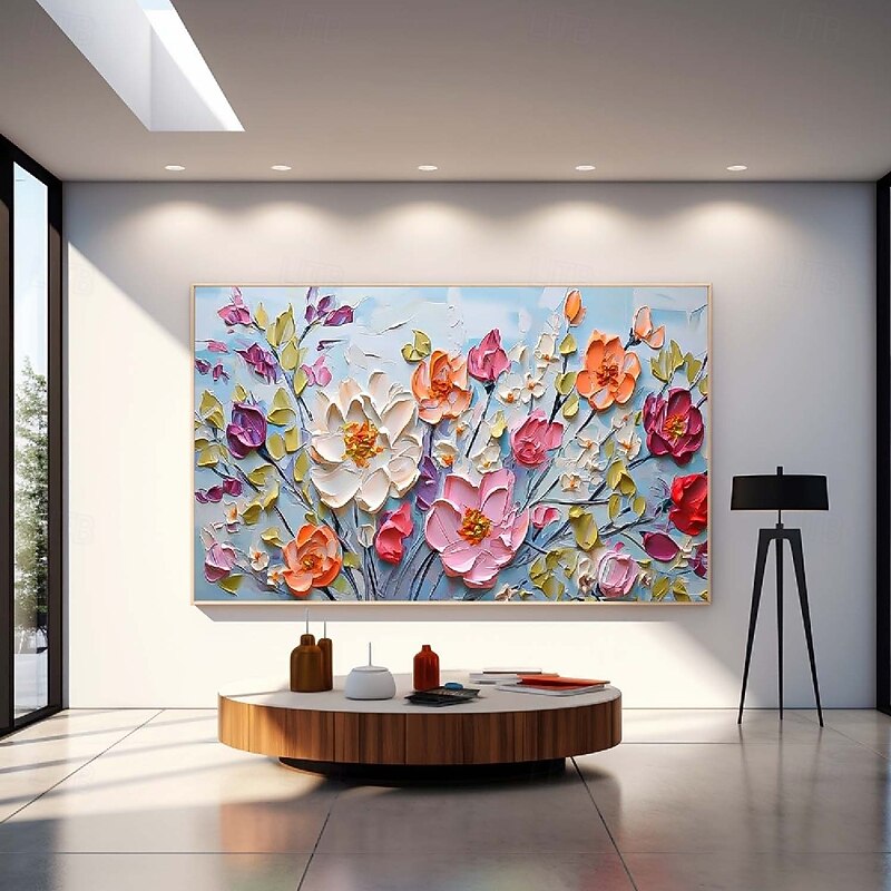 Handmade Hand Painted floral Oil Painting Wall Purole Flower Landscape Painting Home Decoration 3D Original Spiritual Flower Painting Wide Abstract White Floral Textured Wall Art Living Room Artwork