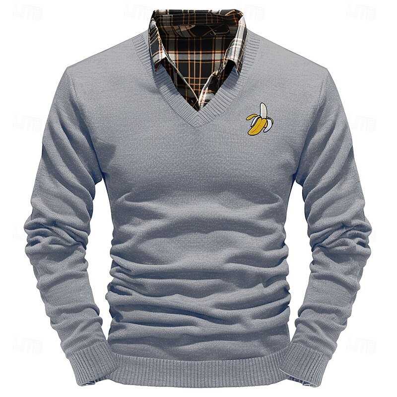 Christmas Men's Banana Pullover Sweater Jumper V Neck Casual Outdoor Daily New Years Eve Sweater Embroidered Knitting Warm Long Sleeve Fall Winter Wine Black White2