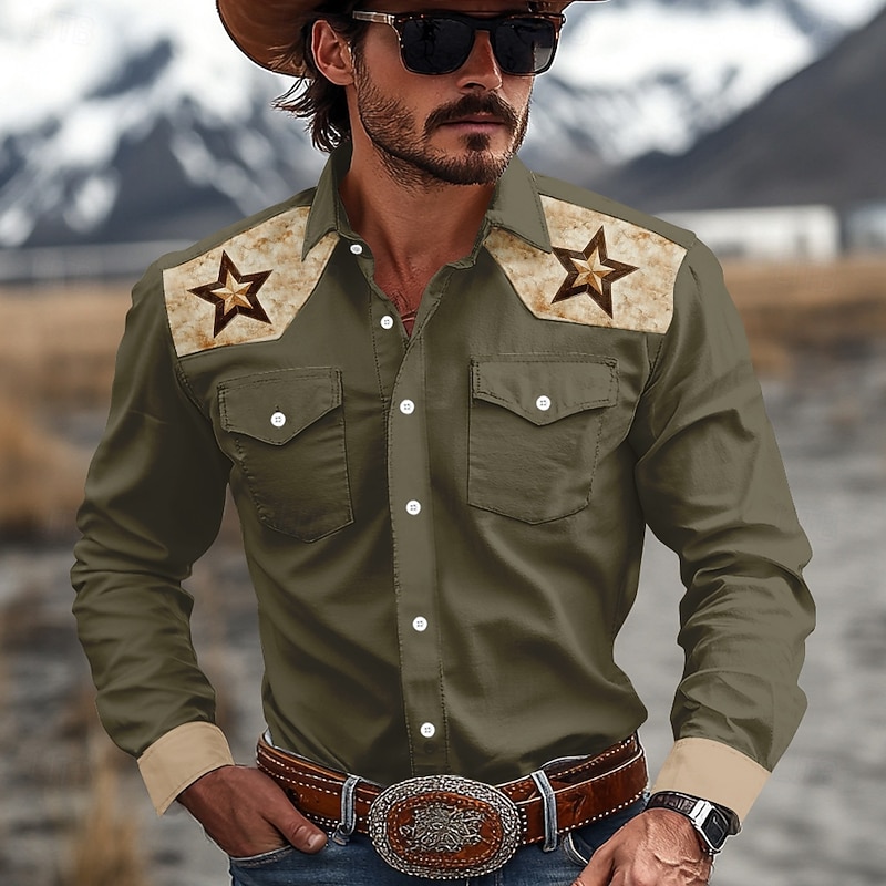 Men's Pentagram Western Shirt Cowboy Shirt Long Sleeve Western Sport Spring Fall Turndown Patchwork White Brown Green - Main Image