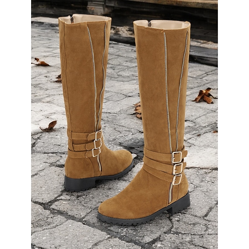Women's Tall Tan Knee-High Boots with Double Buckle and Zipper Detail – Stylish and Durable Fall & Winter Footwear for Outdoor Wear3