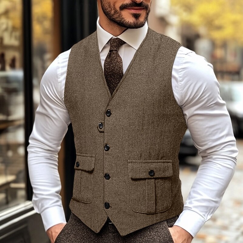 Brown Grey Men's Fashion Herringbone Tweed Vest Tailored Fit V Neck Single Breasted Four-buttons