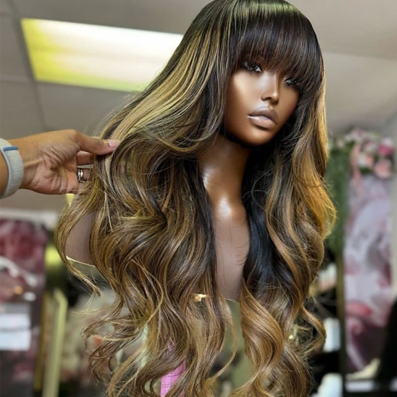 Brazilian Remy Human Hair Highlight 13x4 Lace Front Wig with Bangs Wavy Colored Human Hair Glueless Wigs Pre-Plucked For wigs for women3