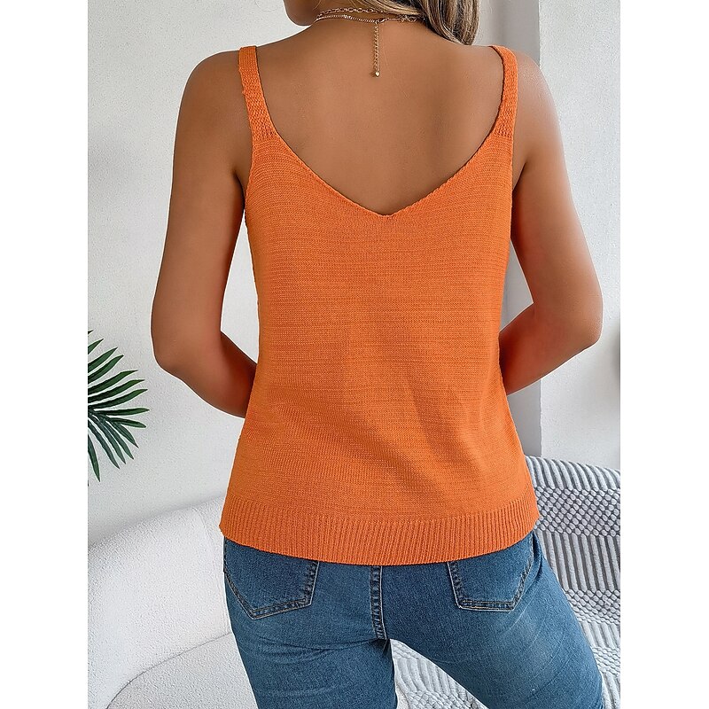 Women's Camisole Tank Top Solid Color Basic Casual Sleeveless Sleeveless V Neck Regular Tops Vacation Daily Patchwork Hollow Out White Orange Khaki Fall Winter4
