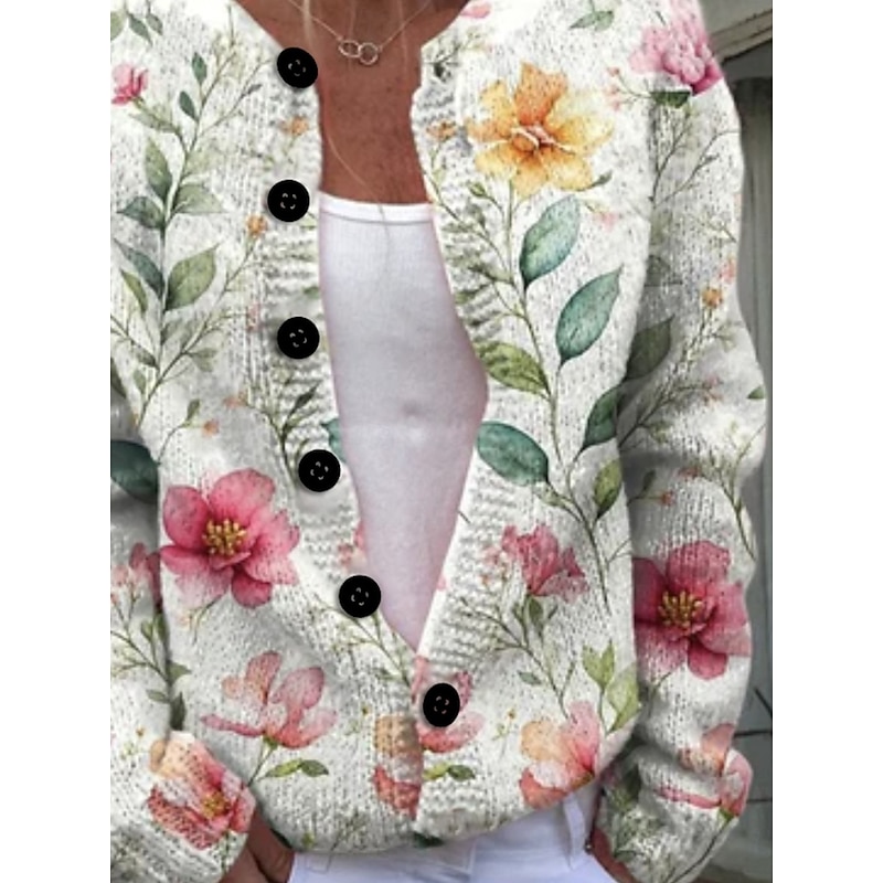 Women's Sweater Cardigan Casual Soft Floral Ribbed Crew Neck Pocket Buttons Knitted Long Sleeve Regular Tops Knit Outdoor Daily Weekend White Pink Fall Winter2