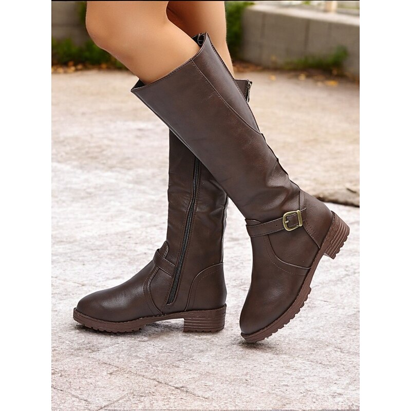 Women's Brown Knee-High Boots with Side Zipper and Buckle Detail, Featuring a Low Block Heel and Durable Design – Perfect for Casual and Outdoor Wear