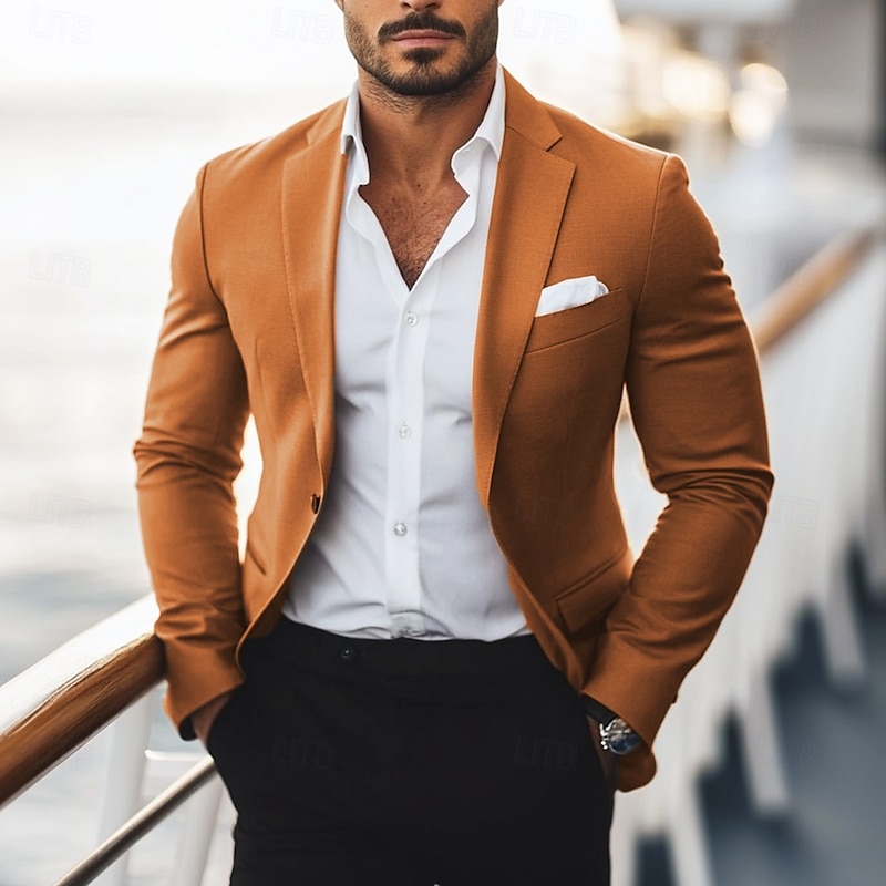 Men's Blazer Jacket Work Casual Daily Fashion Casual All Seasons Polyester Viscose Solid Colored Basic Single Breasted One-button Blazer Brown khaki4