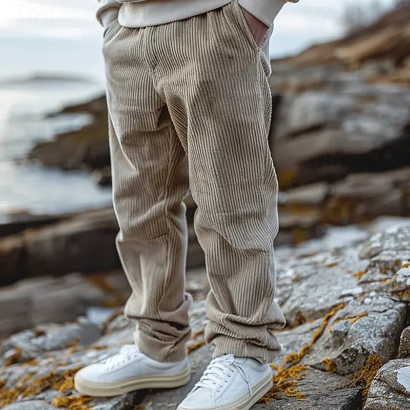 Men's Corduroy Pants Trousers Casual Pants Drawstring Elastic Waist Straight Leg Plain Comfort Warm Full Length Outdoor Casual Daily Sports Fashion Black Coffee