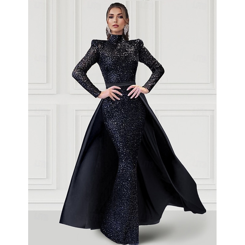 Black Tie Sheath Column Evening Gown Elegant Dress Carnival Formal Floor Length Long Sleeve High Neck Detachable Satin with Glitter Sequin