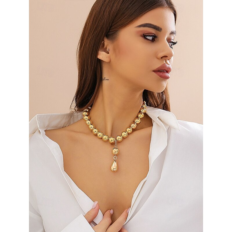 Women's Gold Beaded Necklace and Teardrop Earring Set – Elegant Statement Jewelry for Formal Occasions3