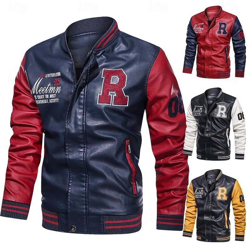 Men's Embroidered Bomber Jacket Leather Jacket Winter Baseball Coat Long Sleeve Stand Collar PU Leather Motorcycle Jacket