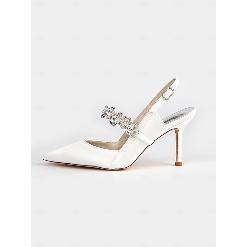 Women's White Satin Slingback Heels with Rhinestone Embellishments – Elegant Pointed-Toe Shoes for Weddings and Formal Occasions3