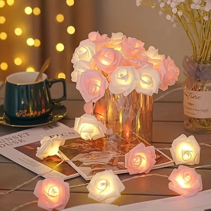 Christmas Party Valentine's Day Rose String Lights 10/20/40 LED 7CM Artificial Rose Battery Powered Holiday Birthday Party Romantic Atmosphere Home Decor4