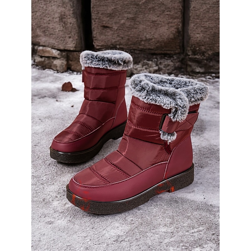 Women's Waterproof Winter Snow Boots - Burgundy Quilted Design with Faux Fur Lining and Adjustable Straps for Outdoor Cold Weather3
