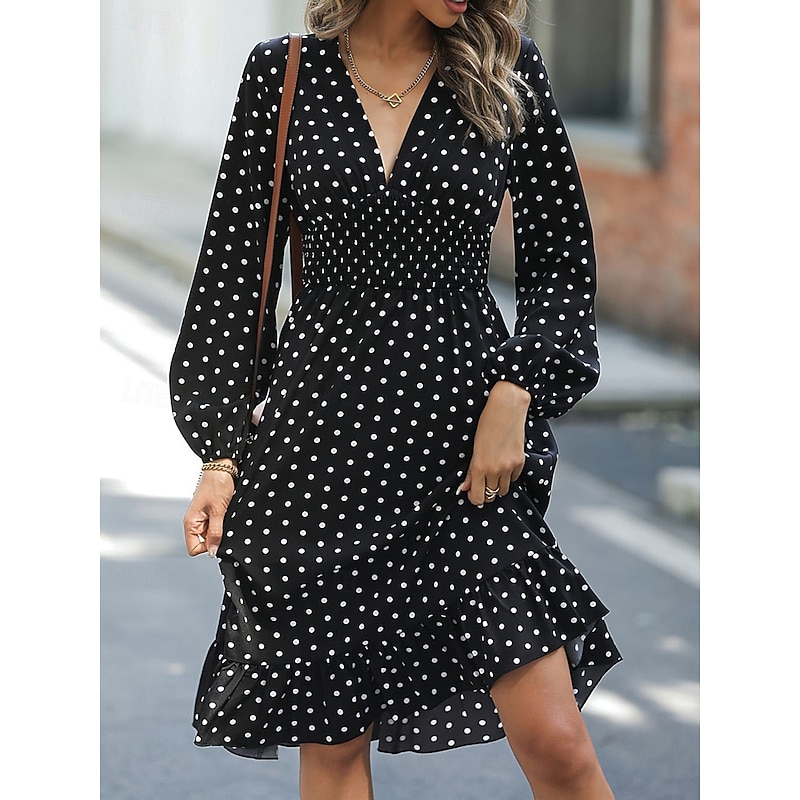 Women's Polka Dot V Neck Midi Dress Long Sleeve Spring Fall